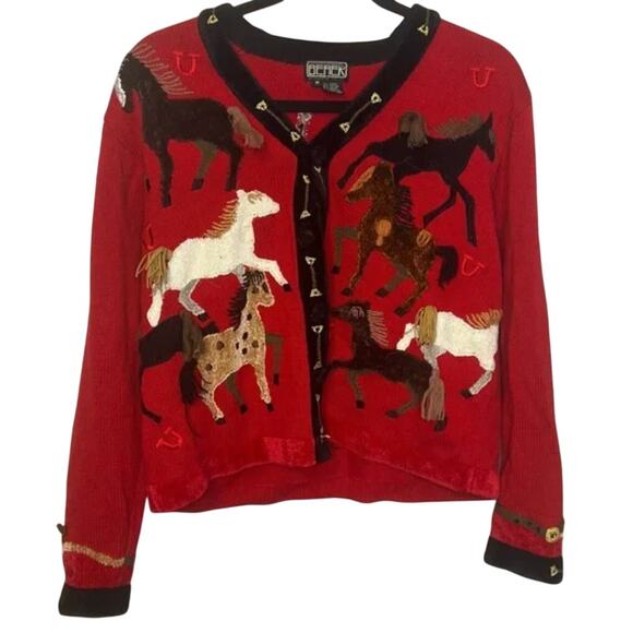 Berek Horse Cardigan Sweater Medium Red Black Trim Equestrian Western Y2K - Picture 1 of 5